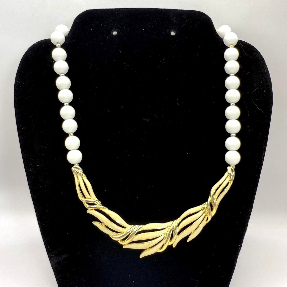 Vintage Gold Tone Abstract Collar Necklace with White Bead Accents
